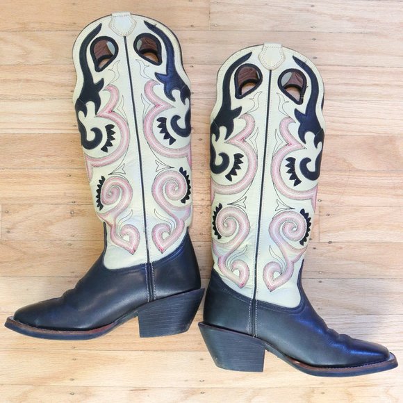 Tony Lama Shoes - *SOLD* Tony Lama Women's Tall Buckaroo Cowboy Boots - Cream | Black | Pink